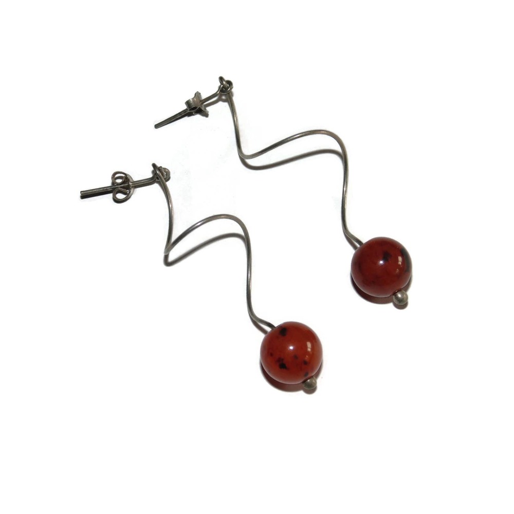 925 Vintage Estate Sterling Silver Earrings Dangle Twist Wire Ball Orb Amber